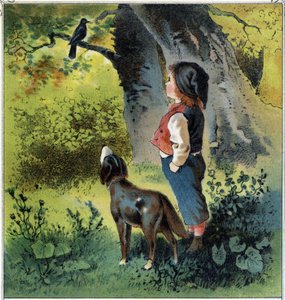 Henri observa um melro num ramo da floresta, voltando à sua vida se ele fosse um pássaro. Cromolitografia de "Childhood Scenes" ed. Guerin - Muller por volta de 1885. de French School