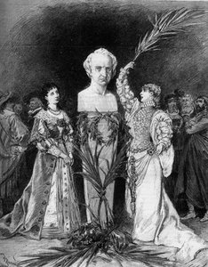 Henriette Rosine Bernard chamou Sarah Bernhardt (1844-1923) recitando "A Batalha de Hernani" de François Coppee, em frente ao busto de Victor Hugo (1802-1885), por ocasião do cinquentenário da peça "Hernani". Paris, Comedie Francaise de French School