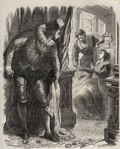 Henry (Henry) Stuart dit Lord Darnley (1545-1567) surpreendeu sua esposa, Rainha Mary (Mary) Iere Stuart (1542-1587), com seu secretário particular, David Rizzio (d. 1566). Gravura de 1871 em "Histoire Des Cocuses Celebres" de Henry de Kock (1819-1892). de French School