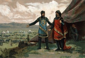 Henrique I, Rei da França (1008-1060) recebeu o Duque da Normandia Robert, o Diabo (também conhecido como Le Magnifique) e providenciou-lhe um exército para recuperar o seu reino. Cromolitografia por volta de 1890. de French School