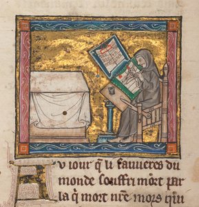 Escrita de eremita numa secretária, miniatura de "Estoire del Saint Graal, La Queste del Saint Graal, Morte Artu", c.1315-25 (tinta sobre pergaminho) de French School