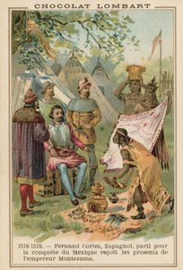 Hernan Cortes, conquistador espanhol, recebendo presentes do imperador asteca Montezuma, México, 1518-1519