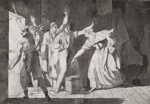 Heroísmo de uma mulher enfrentando ladrões da Vendéia, tendo ganho o controle de Saint-Mithier, 1793 (ver também 217884) de French School