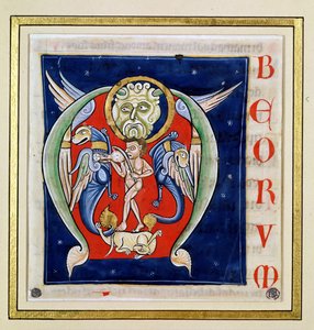 Historiated inicial &39;M&39; representando um homem jogando um rebec e animais fantásticos, da Bíblia de Saint-Andre aux-Bois de French School