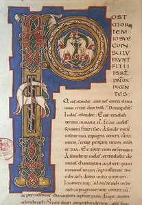 P inicial historiada retratando um padrão de entrelaçamento e animais fantásticos, de uma Bíblia latina de origem limoges, c. 1125 (vellum) de French School