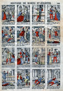 História de Romeu e Julieta após a peça de William Shakespeare (1564-1616). Imagens epinais do final do século XIX. de French School
