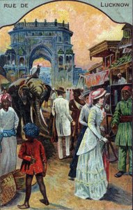 História do turismo: Turistas ocidentais numa rua de Lucknow, Índia (turistas ocidentais numa rua de Lucknow, Índia) Cromolitografia do século XIX Colecção privada de French School