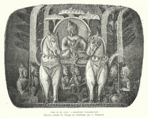 Carruagem desenhada a cavalo, baixo-relevo do templo de Angkor Wat, Camboja (gravura) de French School