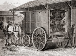 Veículo puxado a cavalo utilizado para transportar gás comprimido em recipientes portáteis no século XIX, de Les Merveilles de la Science, publicado c.1870 (gravura) de French School