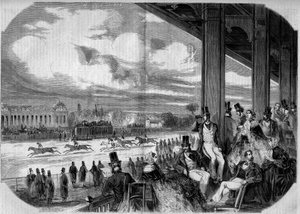 Corridas de cavalos no hipódromo de Chantilly, em 1858. de French School
