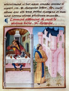 Como a abstinência é a causa de muitos bens: à esquerda, um homem que bebe com avareza e com excessos e, à direita, um homem sóbrio que alimenta a virtude e domina a carne. Miniatura de "Le livre de bonnes moreurs de Jacques Legrand" de French School