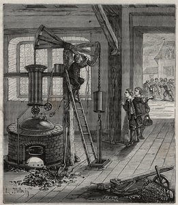 Humphrey Potter, encarregado de abrir e fechar as válvulas da máquina de Thomas Newcomen, fê-lo funcionar sem assistência, colocando correctamente cordas e butees para abrir e fechar as válvulas. de French School