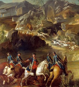 A cena da caça correu. Os cavaleiros estão a dirigir-se para a corça apreendida pelos cães. Detalhe de uma pintura anónima do século XVIII. Gien, Museu da Caça de French School