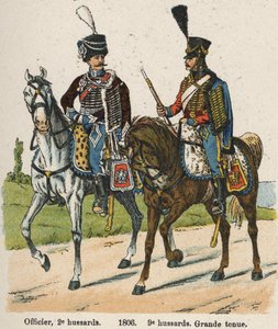 Hussardos 1ª Vendemiary An XII (24 de Setembro de 1803): Oficial, 2º hussardos e 9º hussardos em grande vestido em 1806. Prato do livro Les Uniforms de l