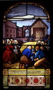 Ignace Le Garrec, vigário em Kerlaz durante a Revolução, celebra uma última missa paroquial num celeiro em Caouët, Janeiro de 1793 - vitral da igreja de Saint Germain em Kerlaz de French School