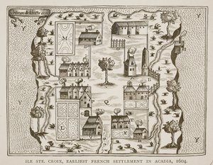Ile Ste. Croix, o mais antigo assentamento francês em Acadia, 1604, de Voyages por Samuel de Champlain (c.1580-1635), 1613 de French School