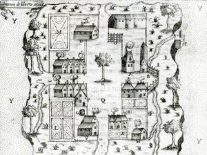 Ile Ste. Croix, o mais antigo assentamento francês em Acadia, 1604, de Voyages por Samuel de Champlain (c.1580-1635), 1613 de French School
