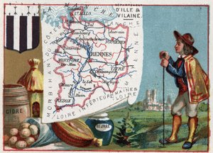 Ille-et-Vilaine (Ille et Vilaine, 35), Bretanha, França. Cidra e Manteiga. Série sobre os Departamentos franceses. Chromolitografia (Chromo) "o fio geográfico", cerca de 1920. Colecção privada. de French School
