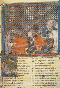 Página iluminada de uma antologia, mostrando da esquerda para a direita Adenet le Roi, um menestrel do duque Henrique; Conde Guy de Flandres; Marie, rainha da França e esposa de Philip the Bold (1342-1404); e Mada de French School