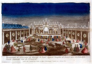 Iluminação em celebração do casamento de Luís Augusto, golfinho da França (Luís XVI), com a Arquiduquesa Maria Antonieta, irmã do Imperador - gravura de French School