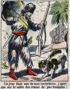 Ilustração para o Livro de Daniel Defoe (De foe) "Robinson Crusoe". Imagens epinais do final do século XIX. de French School