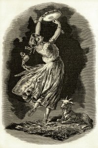 Ilustração para "Notre-Dame de Paris" de Victor Hugo: Esmeralda dança tocando tamborim ao lado de sua cabra, no início do século 20 (litho) de French School