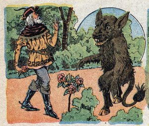 Ilustração para o conto "A Beleza e o Bete": o comerciante corta uma rosa no jardim do Bete para trazer de volta à sua filha Belle. Gravura das imagens de Quinn, por volta de 1890. de French School
