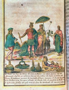 Ilustração de uma história do Peru mostrando um rei e uma rainha incas com atendentes indianos e um diagrama de uma bicharra de French School