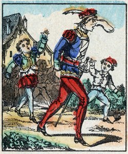 Ilustração do conto "As Aventuras do Grand Flandrin" Gravura em madeira de Imaging Pellerin - Epinal, sd. Final do século XIX. de French School