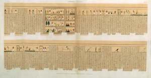 Ilustrações de um manuscrito Pampus com hieróglifos, Hypogees, Tebas, placa 75 de Vol II de `Descrições do Egito`, gravado por Willemin, pub. 1822 (aquatinta)