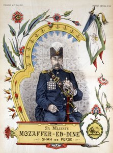 Imagem do xá da Pérsia, Mozaffer ed dine (Mozaffer-ed-dine, Mozzafar-al-Din, Mozzafar al Din, Mozaffaredin) de 1896 a 1906. de French School
