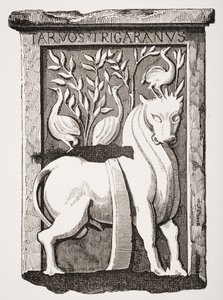 Imagem do monumento Holy Ox Celtic encontrado sob o coro da Catedral de Notre Dame em Paris em 1711, de Le Moyen Age et La Renaissance por Paul Lacroix (1806-84) publicado em 1847 de French School