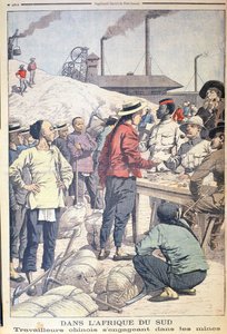 Importando trabalhadores chineses para trabalhar nas minas de ouro da África do Sul em 1904, ilustração do Le Petit Journal, 1904