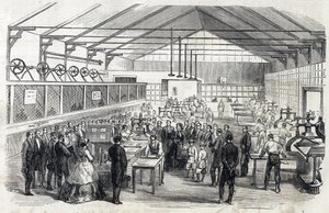 Impressionar Eugenie e o Príncipe Imperial visitam o Banque de France, 23 de Junho de 1866 - impressão de notas - gravação em Le MONDE Illustrous DU 07/07/1866 de French School