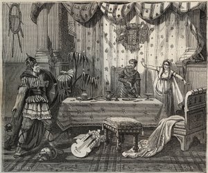 Em 978 Lothaire (941-986), o Rei dos Francos (Lothair) entrou no palácio de Otto II do Sacro Império (955-983) e sua esposa Theophano ou Theophanu ou Theophania Skleraina (655-991) em Aachen, mas a família imperiosa foi capaz de capturar. ilustração i de French School