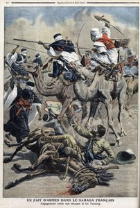Em inglês Sahara: luta entre turaregues de areia das tropas francesas, ilustração do jornal "Le Petit Journal" 17 de março de French School