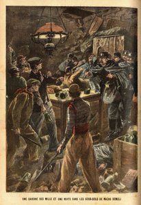 Em perseguição de dois ladrões, na avenida Daumesnil, em Paris, a polícia encontra o esconderijo de um bando de criminosos numa das caves da antiga prisão demolida de Mazas, onde guardam o seu saque e se escondem há vários meses. Gravura em "Le p de French School