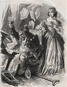Na presa da fúria louca, ele fez voar penas, livros e papéis: raiva do poeta Paul Scarron (1610-1660) diante de sua esposa, Françoise d