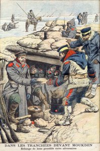 Nas trincheiras antes de Mukden, na Guerra Russo-Japonesa. Tropas japonesas e russas a trocar comida e bebida. Na trincheira na frente de Mukden. Troca de bons processos entre adversários. Ilustração para Le petit Journal, 22 de Janeiro de 1905. de French School