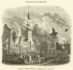 Incêndio na Igreja de São Pedro, Hamburgo, 7 de Maio de 1842 (gravura) de French School