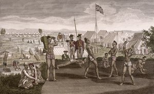 Guerreiros indianos que se exercitam com vista para o campo dos residentes ingleses, c.1810 de French School