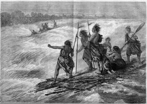 Índios do Canadá, de pé sobre galhos de árvores unidos, descendo os Rapids de Long Sault no rio St. Lawrence de French School