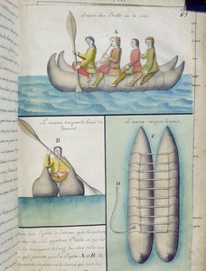 Índios dos Mares do Sul usando barcos chamados Balds (wc no papel) de French School