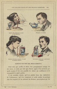 Ingestão de um medicamento por meio de um tubo alimentar, fumigação com um chá, inalação balsâmica e gasosa por meio de um gasificador inalatório, pulverização reactiva por meio de um pulverizador de reacção (cor litho) de French School