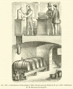 Instalação de uma bomba de cerveja carregada por um recipiente de ácido carbónico de M Hermann-Lachapelle (gravura) de French School