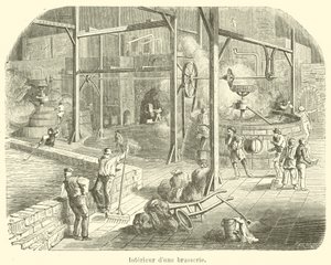 Interior de uma cervejaria (gravura) de French School