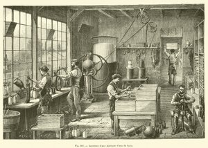 Interior de uma fábrica de seltzer (gravura) de French School