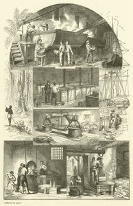 Interior de uma refinaria de açúcar (gravura) de French School