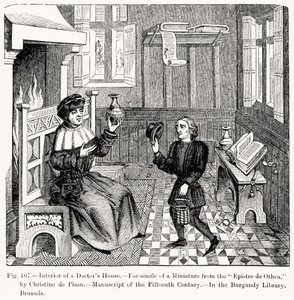 Interior de uma casa de médicos, de Epistre dOthea por Christine de Pisan, ilustração da ciência e literatura na idade média e renascentista, escrita e gravada por Paul Lacroix, de French School