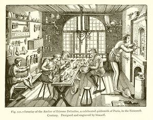 Interior do Atelier de Etienne Delaulne, um celebrado ourives de Paris, no século XVI de French School